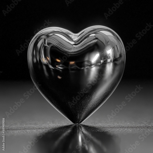 3D Glossy Chrome Metallic Heart on Dark Reflective Surface, Modern Minimalist Valentines Day Concept Illustration