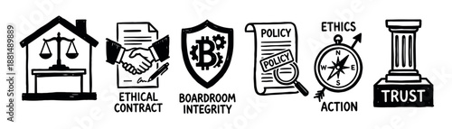 Set of hand-drawn black icons representing business ethics concepts like trust, policy, integrity, and contracts in a simple, bold sketch illustration style