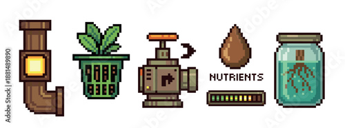 Set of pixel art hydroponics icons featuring a pipe, plant, valve, nutrient drop, and root jar for a video game interface or farming simulation concept