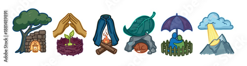Collection of six hand-drawn icons depicting concepts of safety, care, and refuge, featuring a protected sprout, a covered fire, a sleeping fox, and people under an umbrella