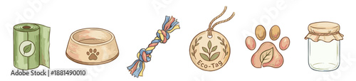 Set of hand-drawn eco-friendly pet accessories including a food bowl, colorful rope toy, biodegradable poop bags, a wooden tag, a glass jar, and a paw print symbol