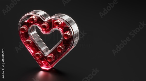 Red Glass Heart 3D Render with Abstract Details on Dark Background with Copy Space for Valentines Day Concept
