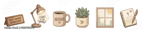Set of Christian faith-based illustrations featuring inspirational quotes, a desk lamp, a blessed coffee mug, a succulent, a sunny window, and a journal with a cross symbol