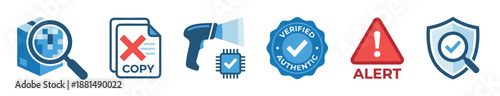 Set of flat vector icons representing authenticity, verification, security, and anti-counterfeit concepts with symbols like a shield, checkmark, alert sign, and scanner