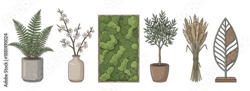 Six hand-drawn botanical home decor illustrations featuring a potted fern, blossoming branch, a moss panel, an olive tree, a sheaf of wheat, and a leaf statuette