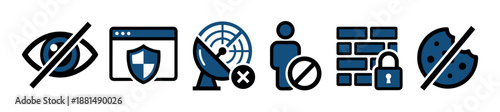 Set of internet privacy and security icons representing concepts like firewall, secure browsing, anti-tracking, anonymity, and blocking online cookies for digital safety