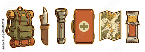Vintage-style illustrated set of hiking equipment including a backpack, knife, flashlight, first aid kit, map, and energy bar for outdoor adventure and survival concepts