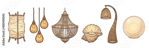 Collection of hand-drawn bohemian style lamps and lighting fixtures including a wicker chandelier, bamboo lantern, and rope pendant lights for cozy interior design