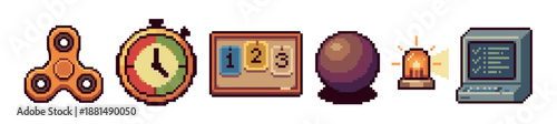 Set of pixel art video game assets featuring a fidget spinner, stopwatch, numbered board, crystal ball, flashing alarm light, and retro computer terminal