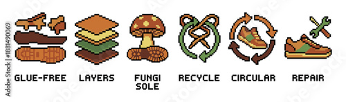 Pixel art icon set illustrating sustainable footwear concepts like glue-free assembly, fungi soles, recycling, circular economy, and repair in a retro 8-bit video game style