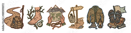 Set of vintage hand-drawn illustrations depicting adventure and travel items like a backpack, map, compass, and lantern for a long journey or pilgrimage