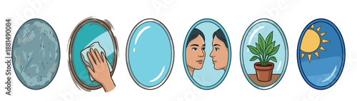 Sequence of illustrations showing a mirror being cleaned, leading to clear self-reflection, and a positive view of the world, representing mental clarity and personal growth