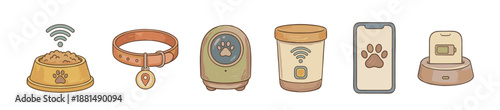 Set of smart pet care icons including a GPS tracker collar, automatic feeder, pet camera, and smartphone app, presented in a cute, hand-drawn doodle illustration style