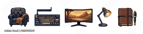Collection of cozy workspace pixel art icons featuring an armchair, mechanical keyboard, monitor, lamp, and journal for a gaming or creative setup in a warm, vintage style