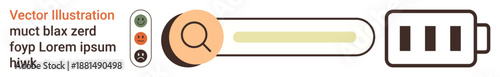 Energy levels, progress tracking, user interface, charging, battery power, analysis. Graphic showing a charge bar, battery search icon and mood indicators. Energy levels and progress tracking