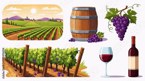 Wine production elements with vineyard landscape and wineglass