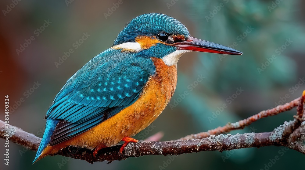 Obraz premium Kingfisher bird perched on a branch with a small fish in its beak, colorful feathers, blurred green background, nature detail 