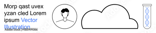 Data storage, genetic study, digital identity, cloud computing, biotechnology, and science. DNA strand in a tube, cloud shape and person profile icon. Cloud computing and genetic study concept