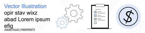 Business strategy, productivity tools, financial management, workflow optimization, goal tracking, technology. Gear icons, checklist on clipboard dollar symbol in circle. Productivity tools