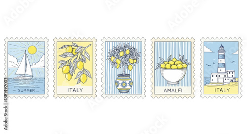 Collection of five postage stamps with italian coastal themes