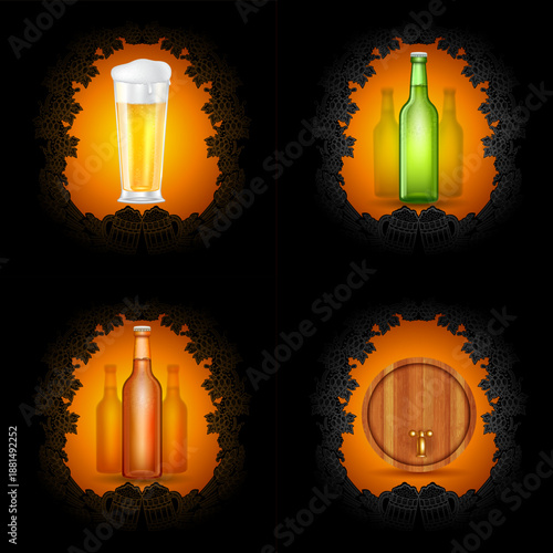 Vintage Beer Set with Glass Bottle Barrel Vector Illustration