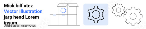 Open cardboard box with circular arrow on side and gear icons connected in process flow. Ideal for automation, logistics, innovation, development, optimization, process management, simple landing