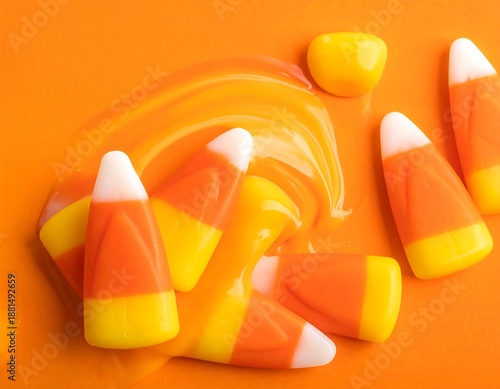A close-up of candy corn melting on an orange surface