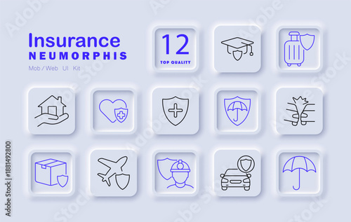 Insurance set icon. Protection icons: house, health, car, education, plane, parcel, worker, umbrella, shield safety and coverage for various areas.
