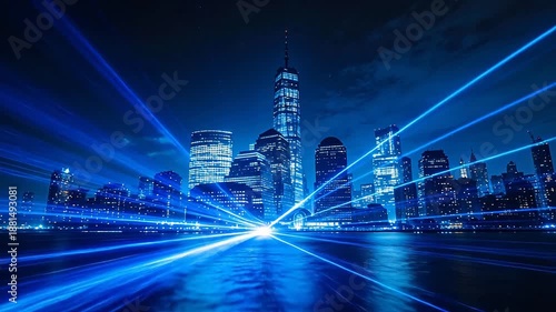 Modern city skyscrapers illuminated at night with blue light effects and water reflection