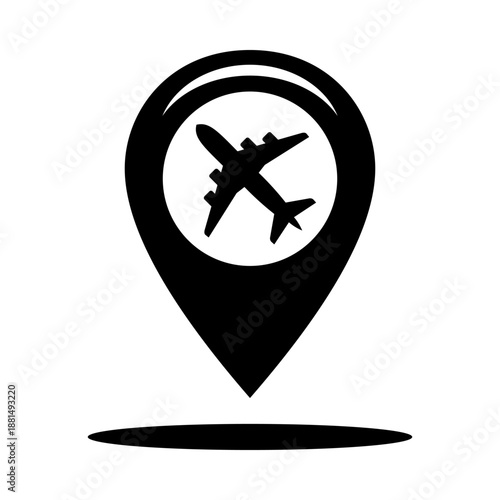 Map marker icon with airplane symbol, representing airport location, air travel routes, flight navigation, and transportation services.