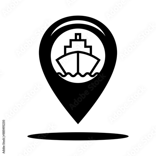 Map marker icon with cargo ship on water, representing port location, maritime transport, shipping routes, and harbor logistics services.