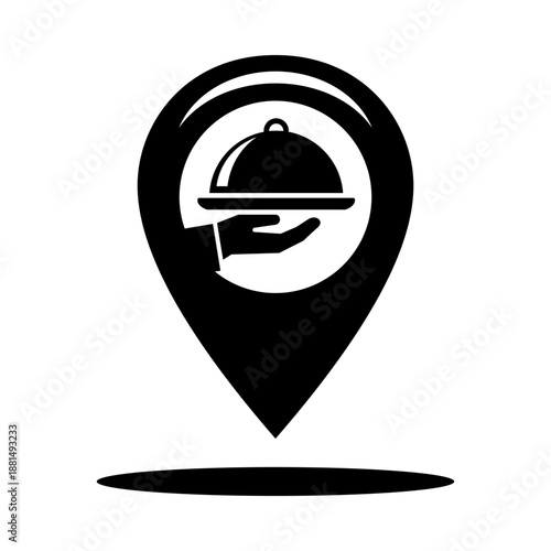 Map marker icon showing a hand serving food tray, representing restaurant location, food service, catering point, and hospitality business concept.