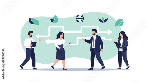 Business Team Collaboration and Strategy Planning with Arrows and Globe Icons