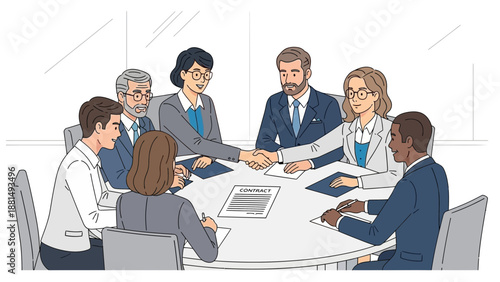 Business meeting, handshake agreement, diverse team around round table, contract signing