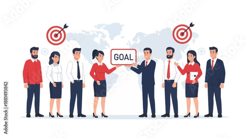 Business Team Achieving Goal Together with Targets and World Map Background