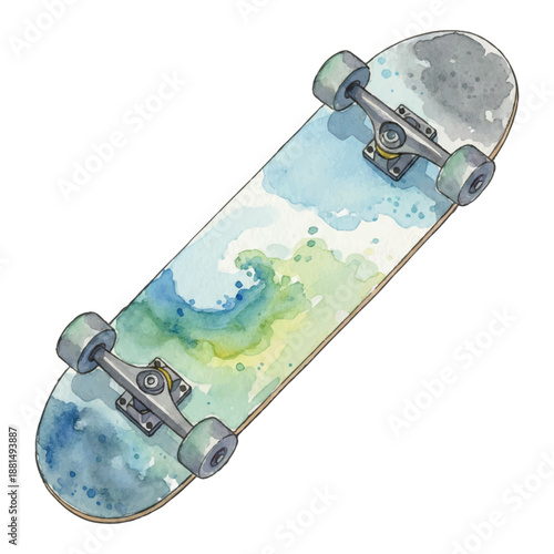 Watercolor Skateboard Vector Illustration Urban Sport Isolated on White
