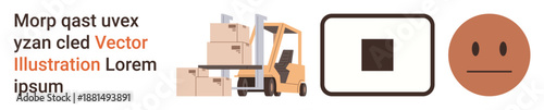 Logistics, warehouse management, packaging, technology interfaces, expressions, industrial operations. Forklift stacking boxes, square button and neutral face icon. Logistics and warehouse