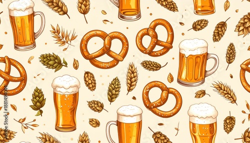 Oktoberfest seamless pattern with beer mugs and pretzels.