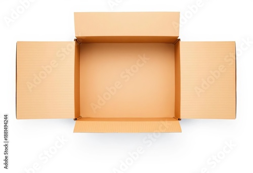 Empty cardboard shipping box, open and flat on white background,  design,  commerce