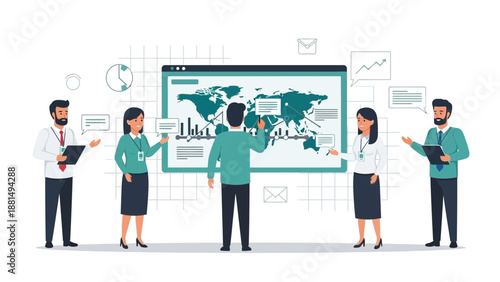 Business team analyzing global data on a digital presentation screen