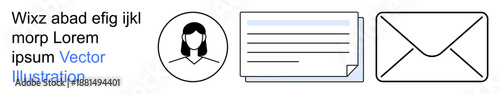 Communication, business correspondence, user identity, document management, email exchange, networking. Black and white icons for user profile, document page and envelope. Communication and email