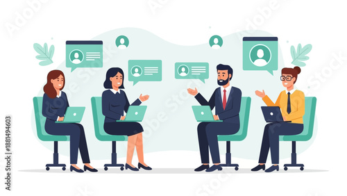 Business team collaborating on laptops, discussing ideas in a meeting