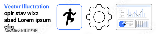 Analytics chart with pie and line graphs, a gear for settings, and a running figure. Ideal for analytics, performance, fitness tracking, settings, sports, optimization and simple landing page