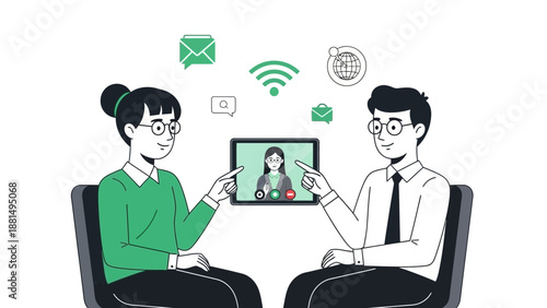 Business meeting online: colleagues connect via video call on tablet, remote work concept