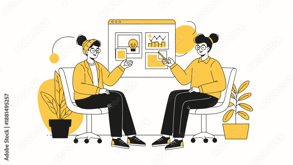 Fototapeta premium Business Meeting: Two people discussing strategy on whiteboard with charts and ideas
