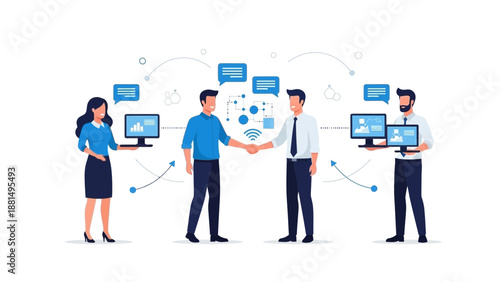 Business Partnership Agreement Handshake and Digital Communication Network