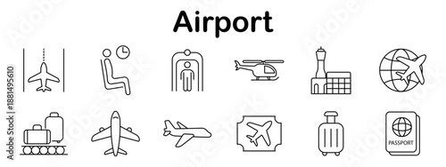 Airport set icon. Runway, waiting seat, scanner, helicopter, control tower, globe plane, baggage belt, airplane front, flying plane, ticket, luggage, passport line art.