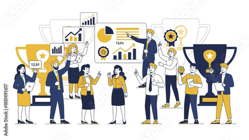 Business Success Teamwork Collaboration with Trophies and Graphs