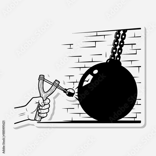 Hand holding slingshot against wrecking ball and brick wall