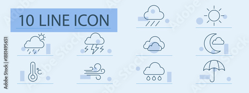 Weather set icon. Thin line icons depicting rain, storm, cloud, sun, moon, umbrella, wind, temperature, drizzle, sunny interval, atmospheric condition, precipitation